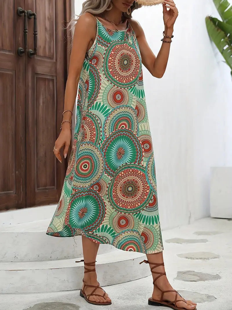 CASSIDI | Mouwloze Maxi-jurk met Mandalaprint & Asymmetrische Zoom