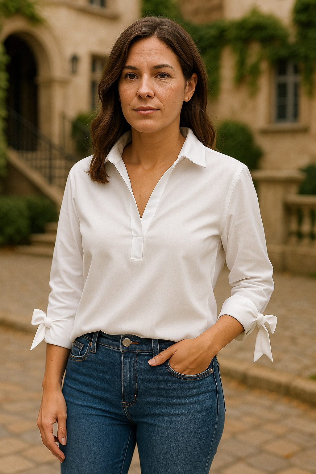 MERLYN | Witte blouse met strikdetails en V-hals