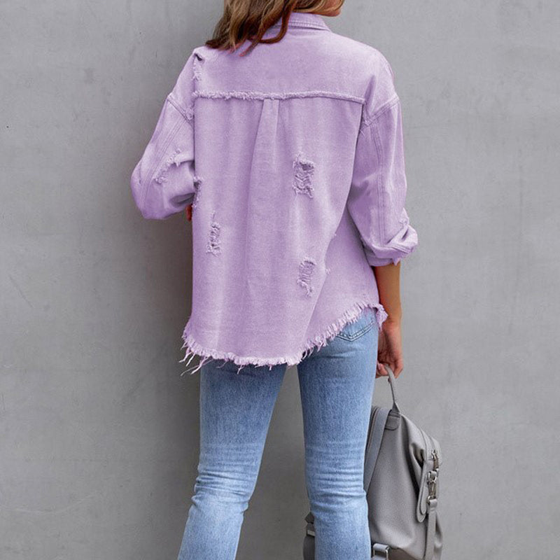 LEONILA | Oversized denim blousejack met gerafelde details