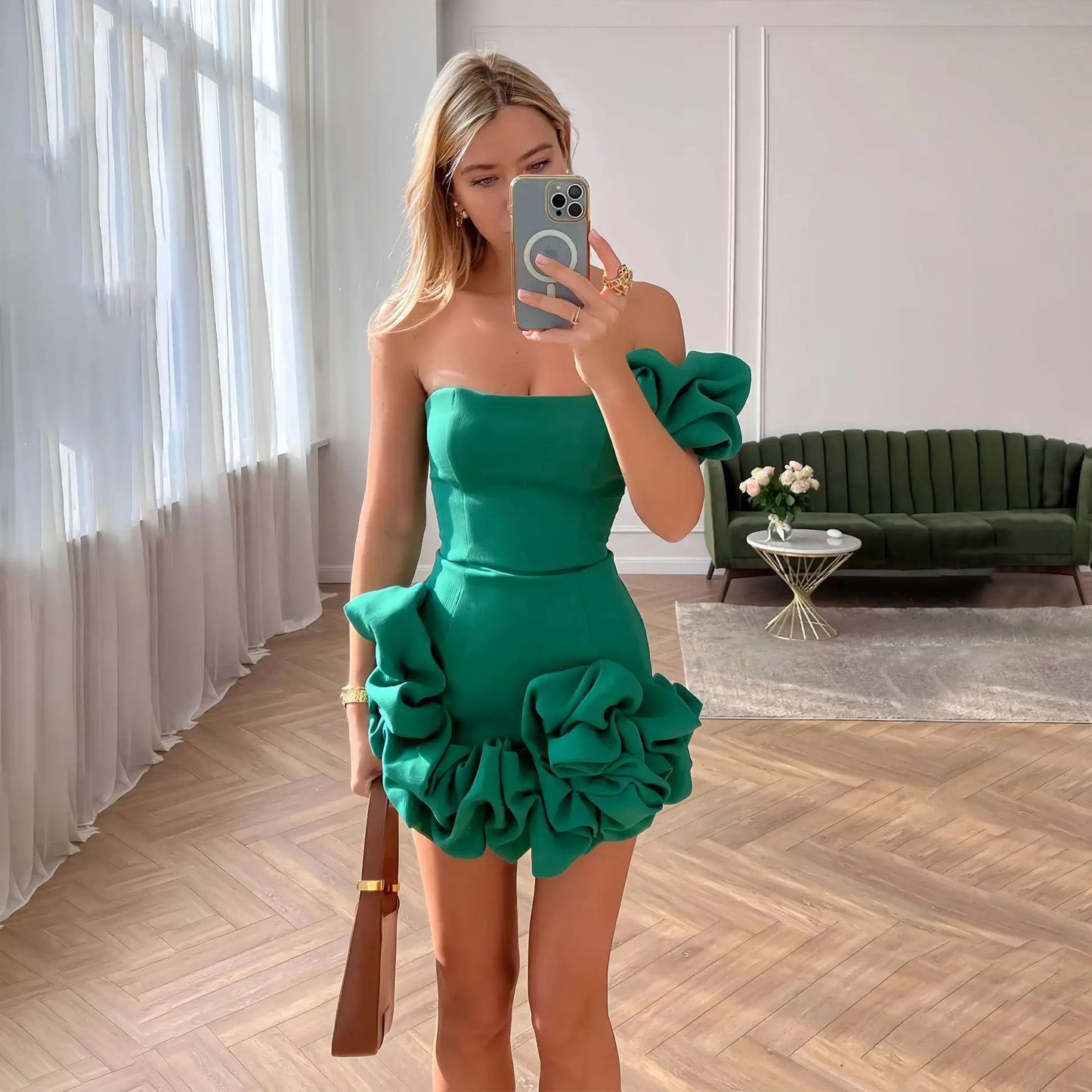 HOUSTON | Asymmetrische Mini-jurk met Sculpturale Ruches