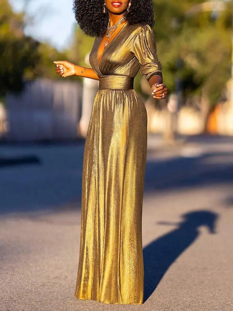 DARA | Glanzende Jumpsuit met V-Hals en Wijde Pijpen