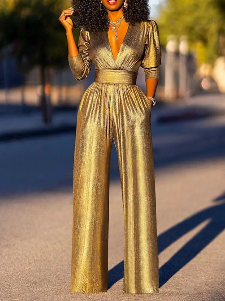 DARA | Glanzende Jumpsuit met V-Hals en Wijde Pijpen