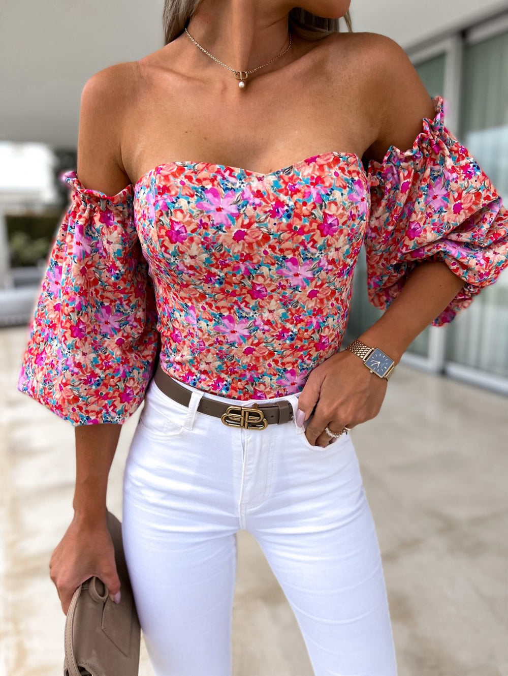TATIANA | Perla Off-Shoulder Top met Pofmouwen & Bloemenprint