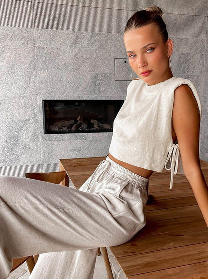 SONIA | Zomers Tweedelig Dames Setje met Cropped Top & Wijde Broek