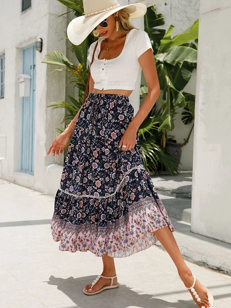 SAMIA | Luchtige Midi-Rok met Retro Print & Ruches