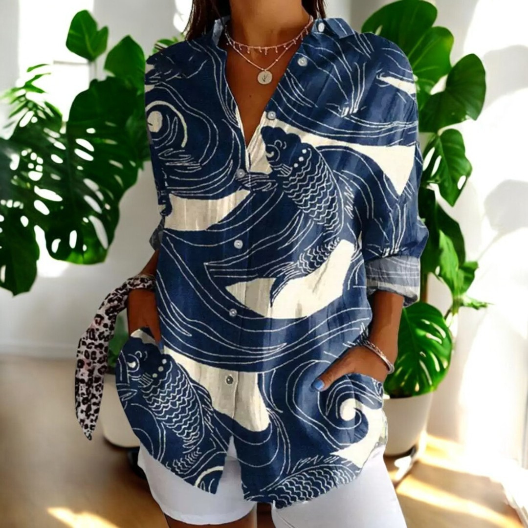 JONALYN | Luchtige blouse met Japanse golf- en vissenprint