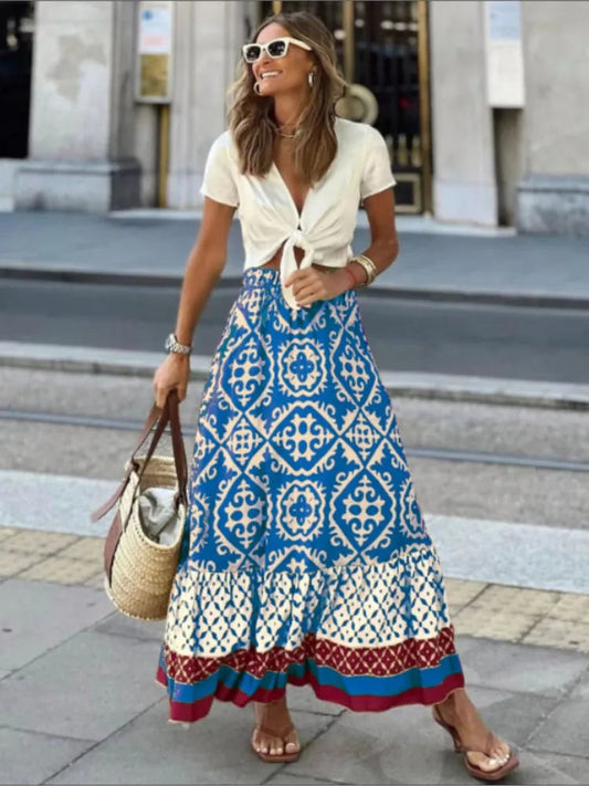 SAMIA | Luchtige Midi-Rok met Retro Print & Ruches