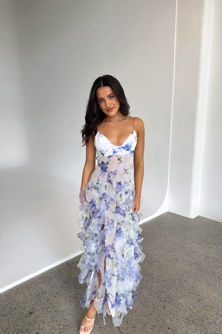 LILAS | Romantische Maxi Jurk met Bloemen en Ruches