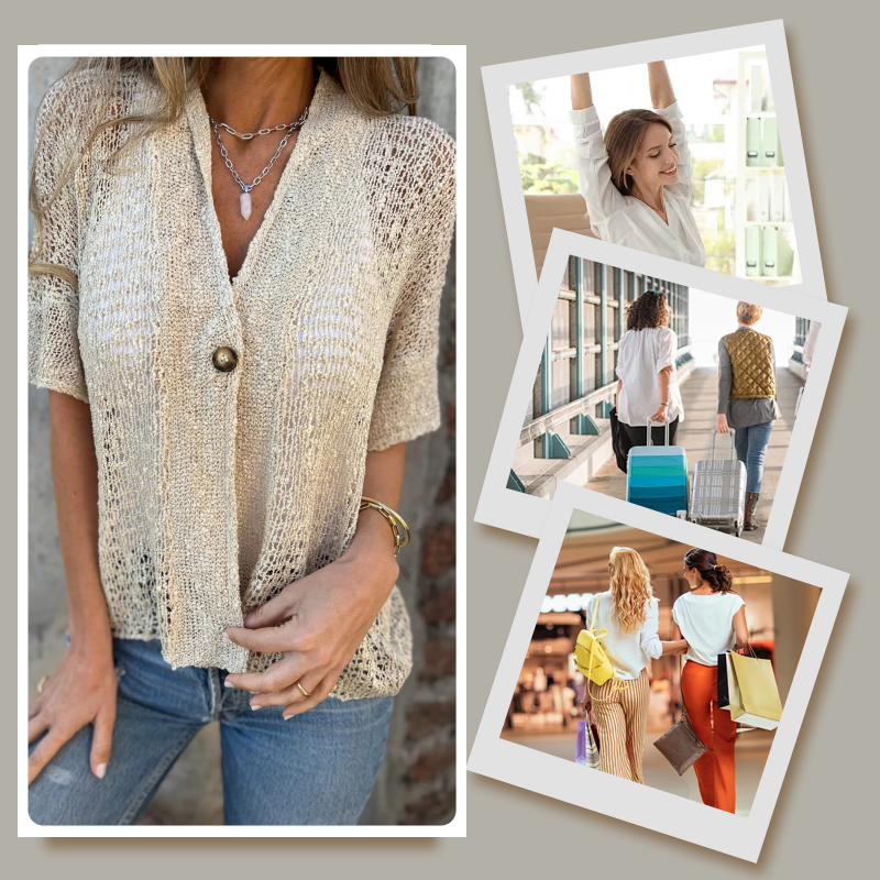 PALOMA | V-Hals Blouse met Korte Mouwen en Knopdetail