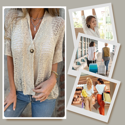 PALOMA | V-Hals Blouse met Korte Mouwen en Knopdetail