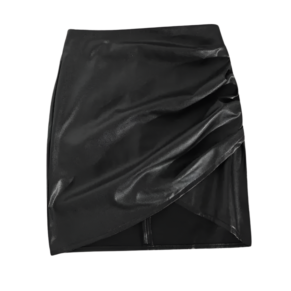 RACHEL | Asymmetrische imitatieleer rok met geplooide details