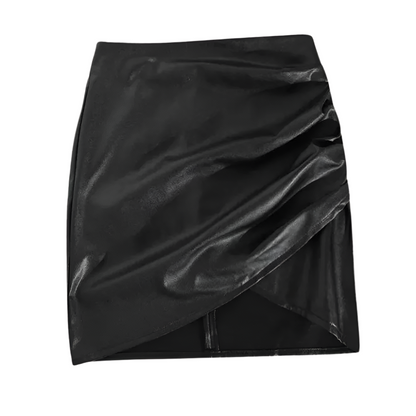 RACHEL | Asymmetrische imitatieleer rok met geplooide details