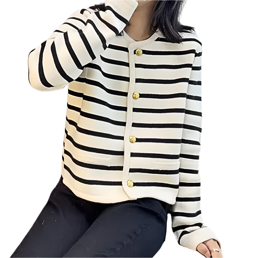 VIVIAN | Gestreepte cardigan met ronde hals en goudkleurige knopen