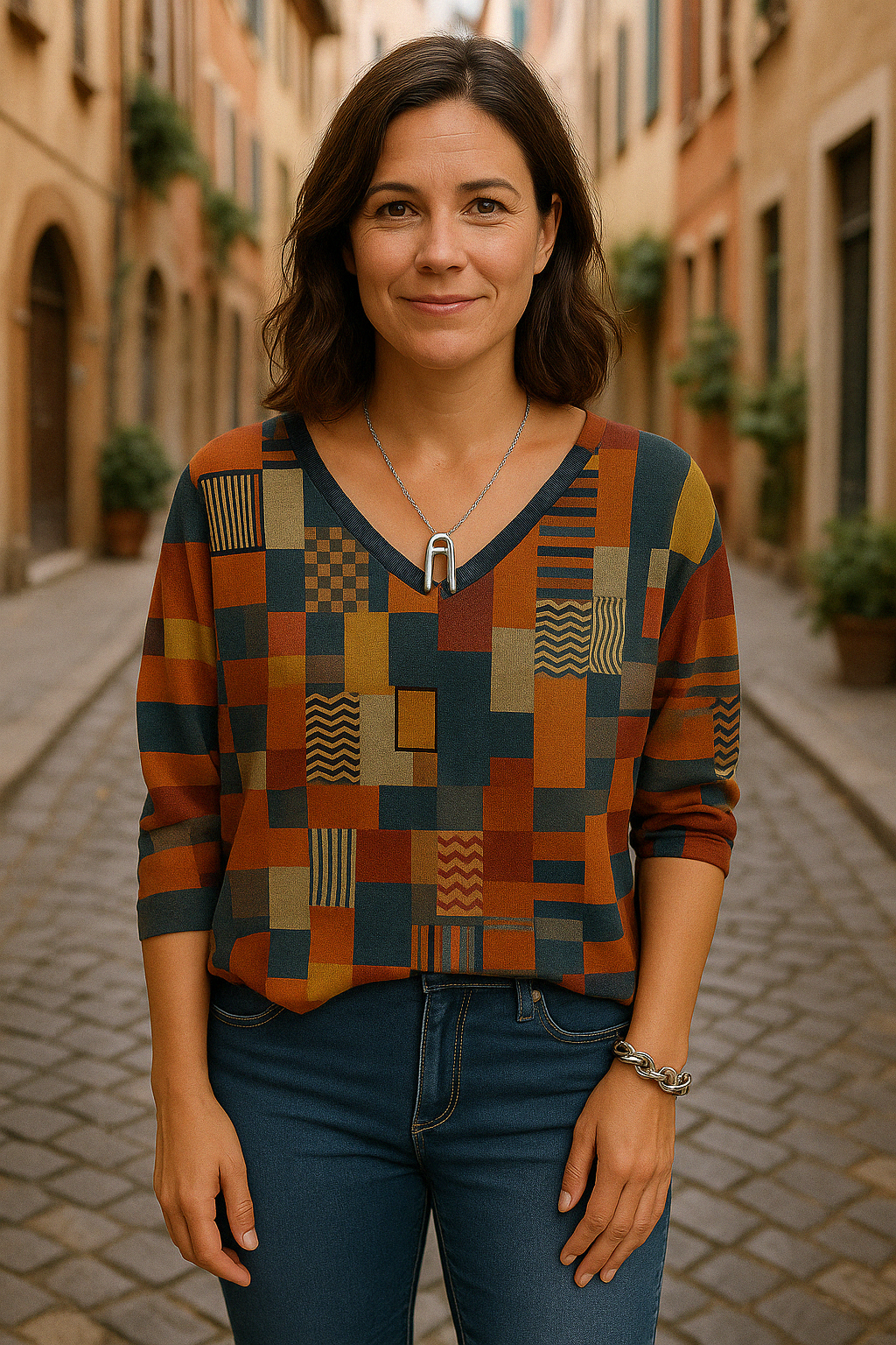 RUTH | V-hals top met kleurrijk geometrisch patchwork