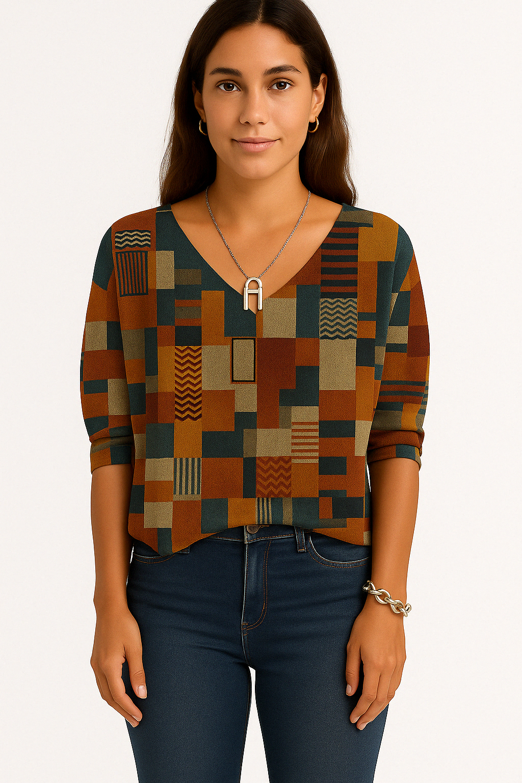 RUTH | V-hals top met kleurrijk geometrisch patchwork