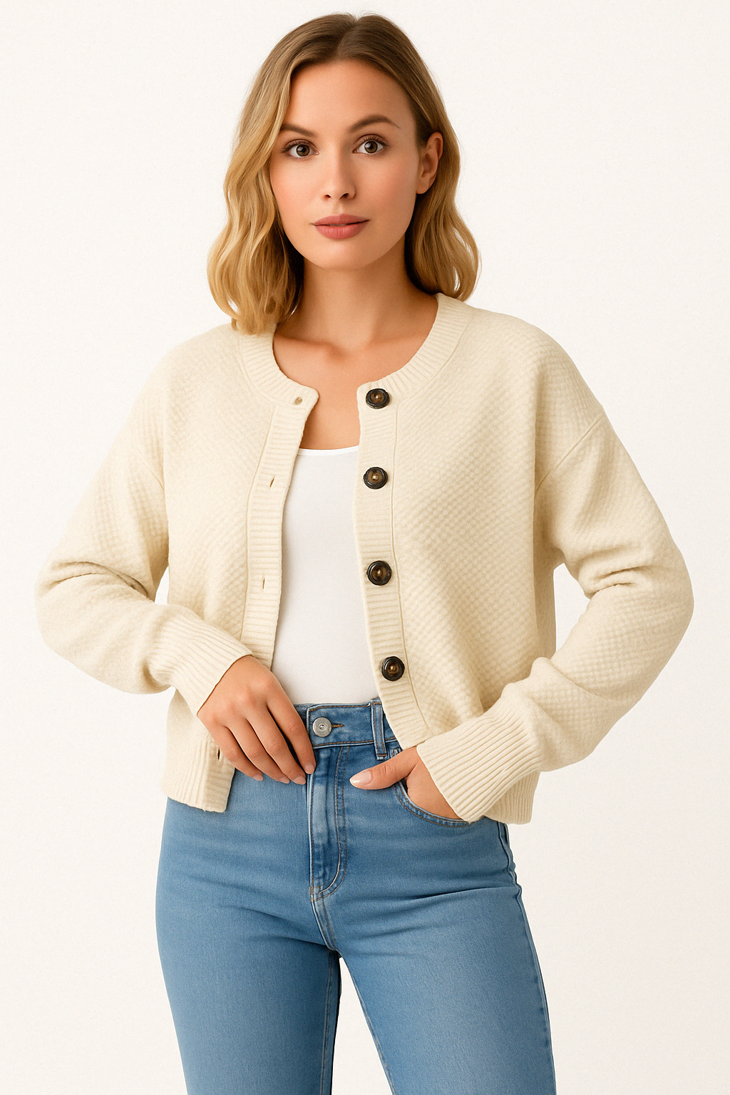 NIDA | Basic cardigan met grove knopen en structuurbreisel
