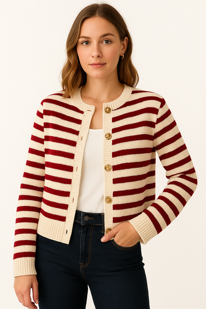 VIVIAN | Gestreepte cardigan met ronde hals en goudkleurige knopen
