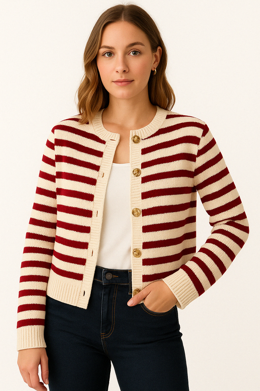 VIVIAN | Gestreepte cardigan met ronde hals en goudkleurige knopen