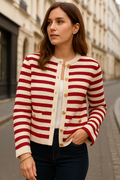 VIVIAN | Gestreepte cardigan met ronde hals en goudkleurige knopen