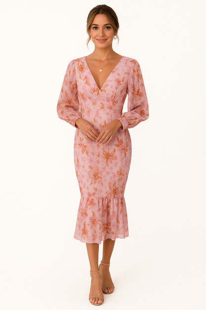 JANE | Romantische midi-jurk met bloemenprint en zwierige rok