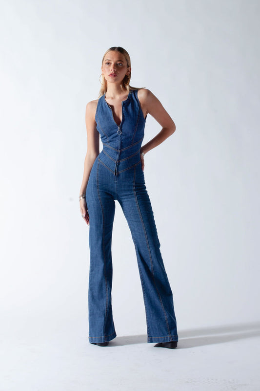 NAELY | Hartvormige Denim Jumpsuit met Open Rug