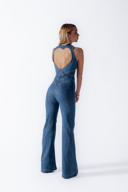 NAELY | Hartvormige Denim Jumpsuit met Open Rug