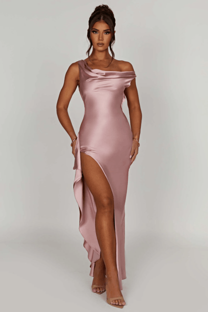 EVANGELINE | Off-shoulder maxi-jurk van luxe satijn