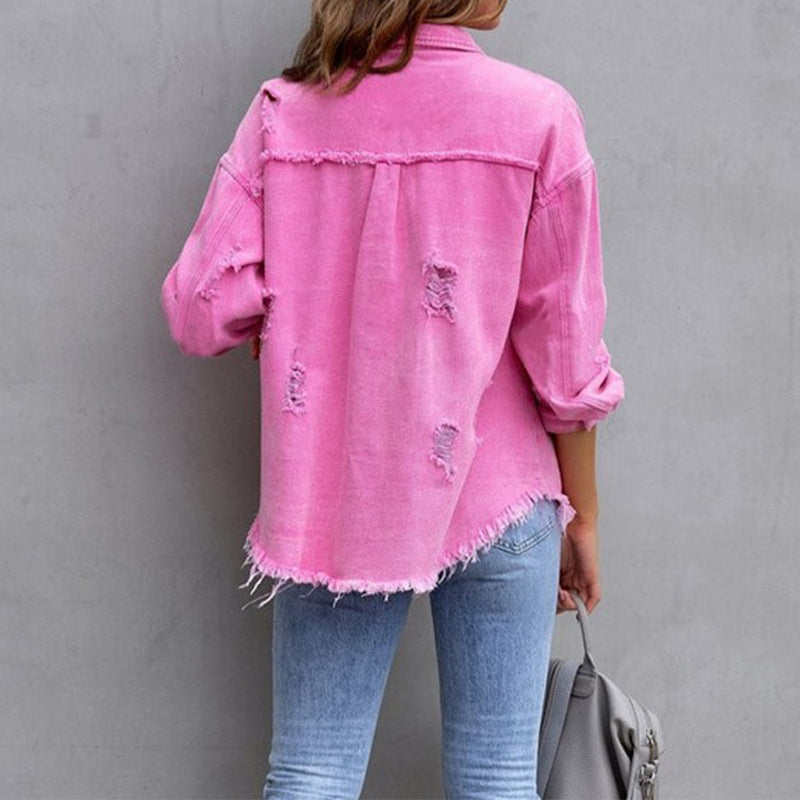 LEONILA | Oversized denim blousejack met gerafelde details