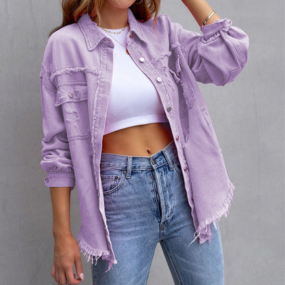 LEONILA | Oversized denim blousejack met gerafelde details