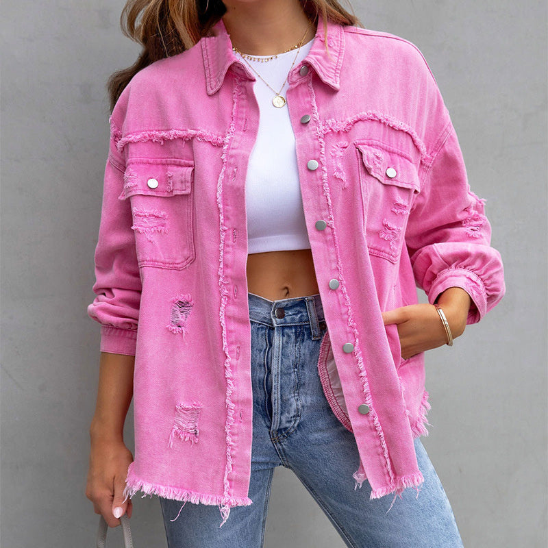 LEONILA | Oversized denim blousejack met gerafelde details