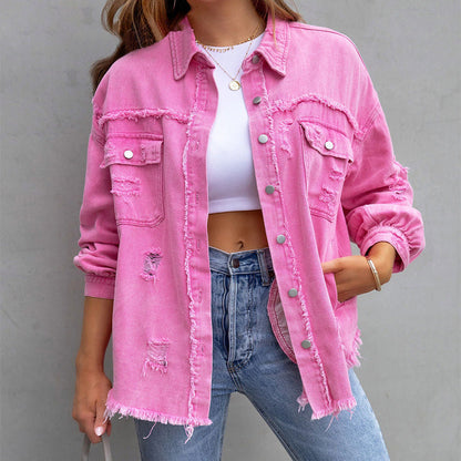 LEONILA | Oversized denim blousejack met gerafelde details