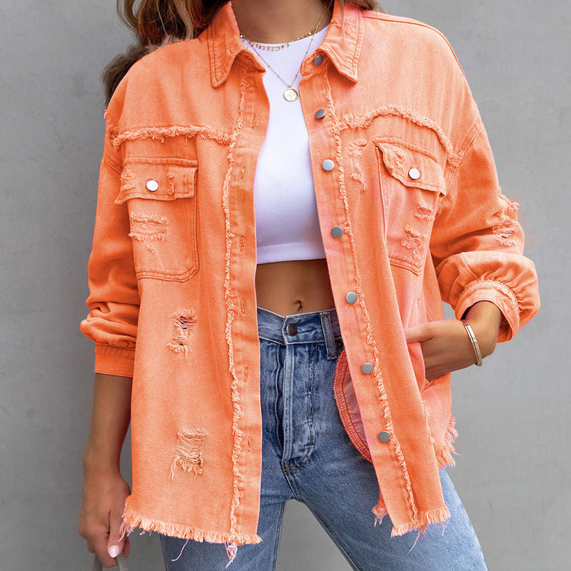 LEONILA | Oversized denim blousejack met gerafelde details