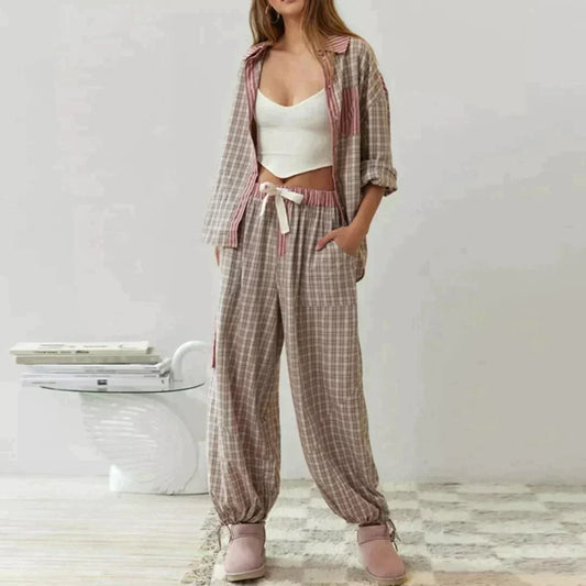 OLGINHA | Geruite Pyjama Set met Lange Mouwen