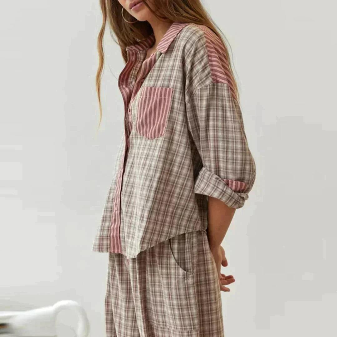 OLGINHA | Geruite Pyjama Set met Lange Mouwen