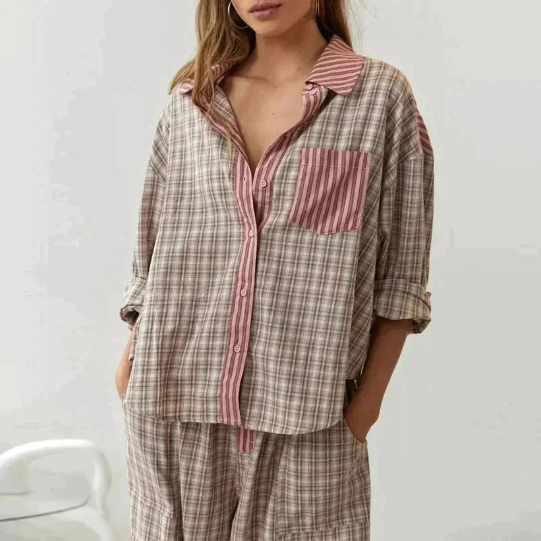 OLGINHA | Geruite Pyjama Set met Lange Mouwen