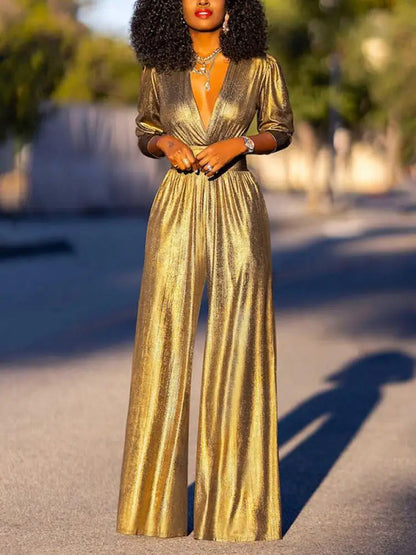 DARA | Glanzende Jumpsuit met V-Hals en Wijde Pijpen