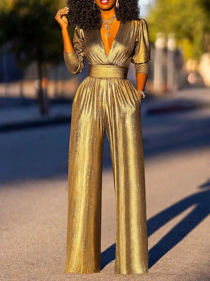 DARA | Glanzende Jumpsuit met V-Hals en Wijde Pijpen
