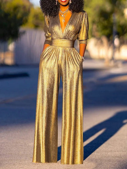 DARA | Glanzende Jumpsuit met V-Hals en Wijde Pijpen